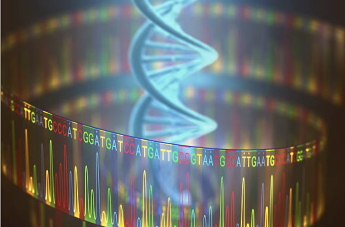 Blue DNA strand with rainbow graph sequencing data wrapped around it on black background